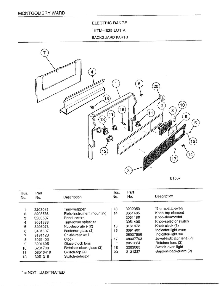 Backguard Parts Diagram and Parts List for 4839A  Frigidaire Range