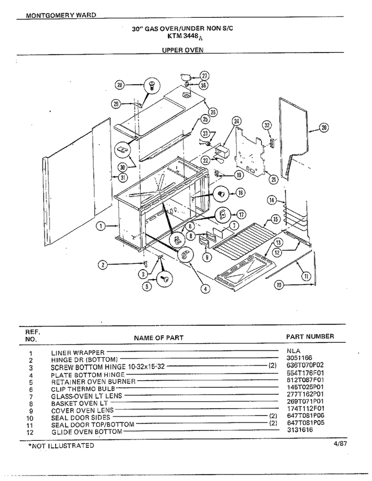 30" Gas Over/under Upper Oven Diagram and Parts List for 3448A  Frigidaire Range