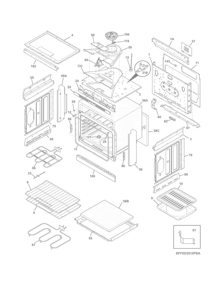 Body Diagram and Parts List for FFED3015PBD  Frigidaire Range