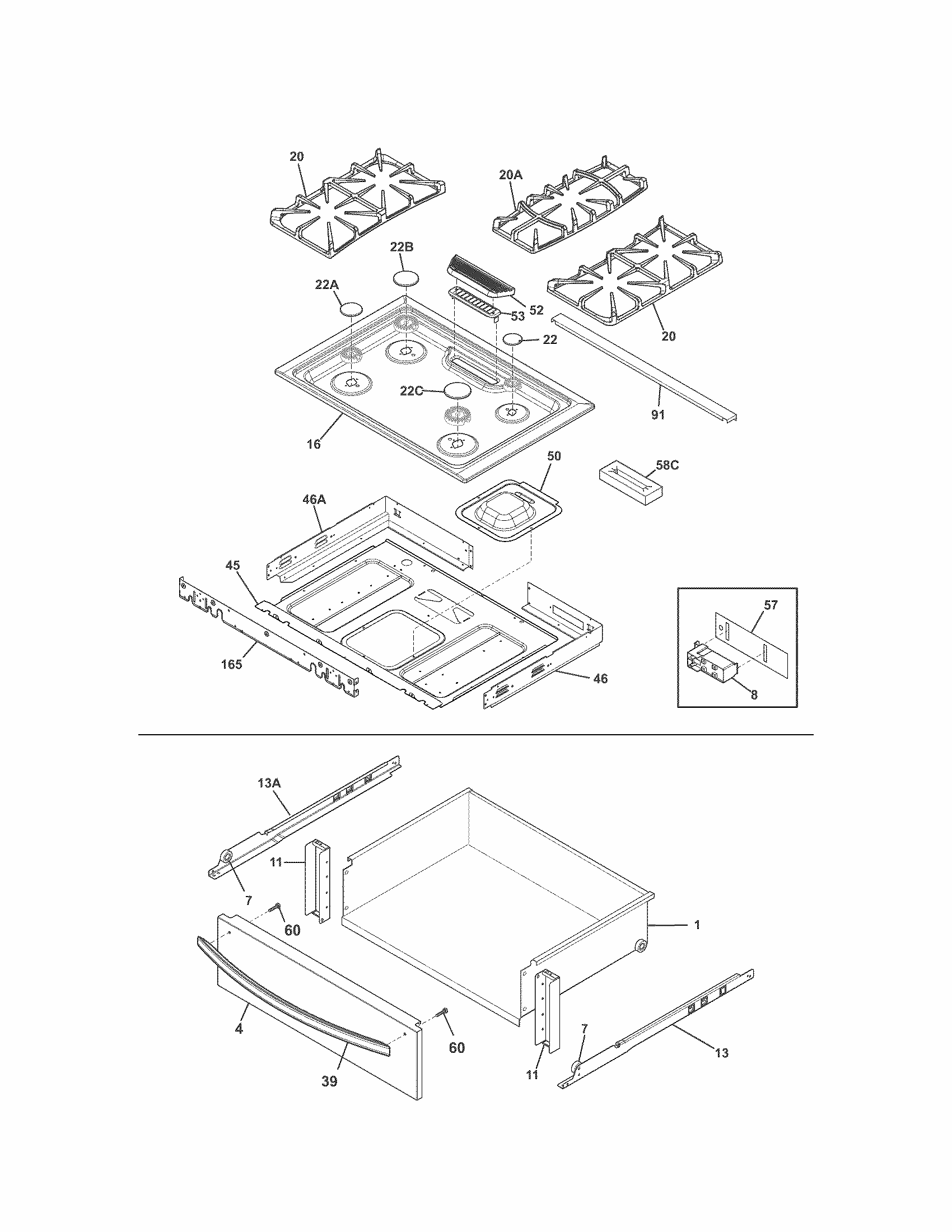 Top/drawer Diagram and Parts List for 79032603310  Kenmore Range