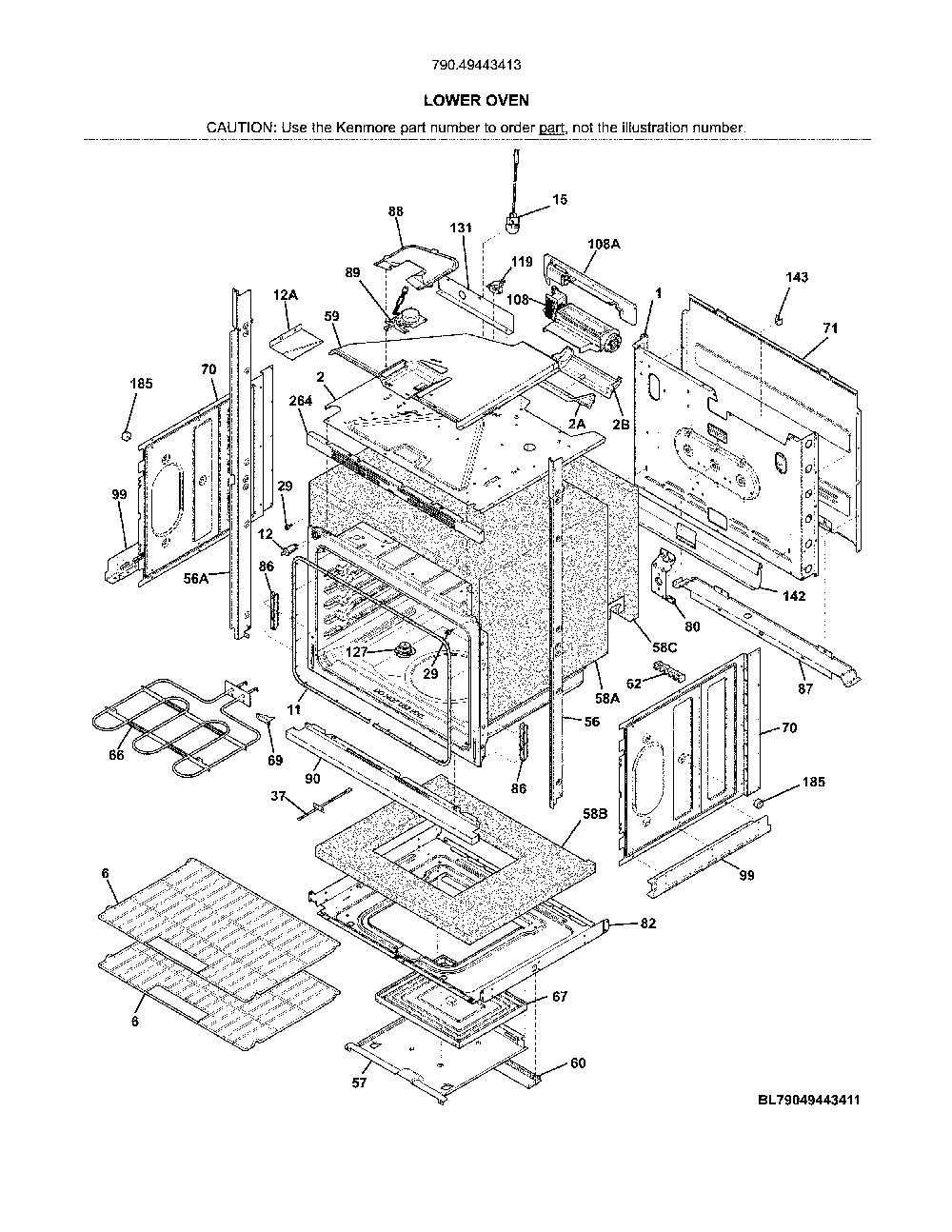 Lower oven Diagram and Parts List for 79049443413  Kenmore Wall Oven