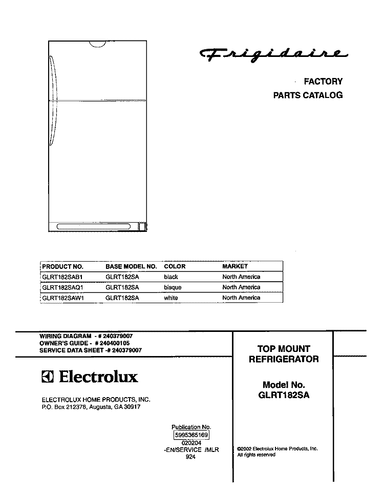 COVER Diagram and Parts List for GLRT182SAB1  Frigidaire Refrigerator
