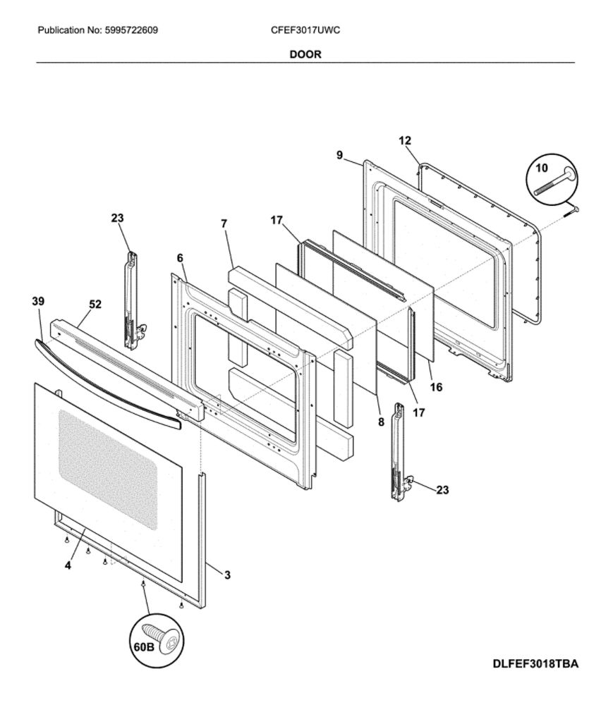 Door Diagram and Parts List for CFEF3017UWC  Frigidaire Range