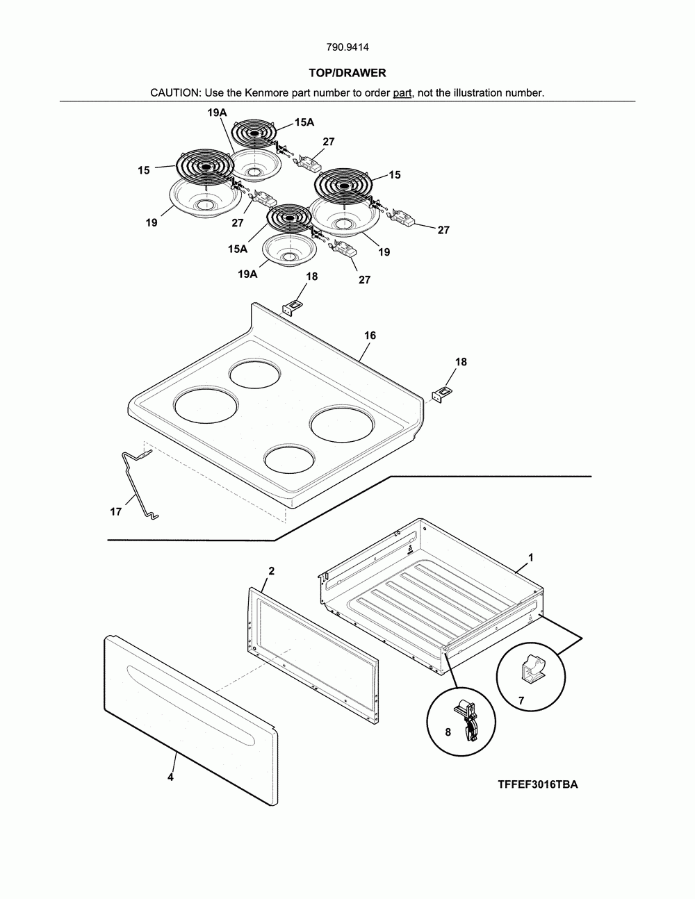 Top/drawer Diagram and Parts List for 79094149312  Kenmore Range