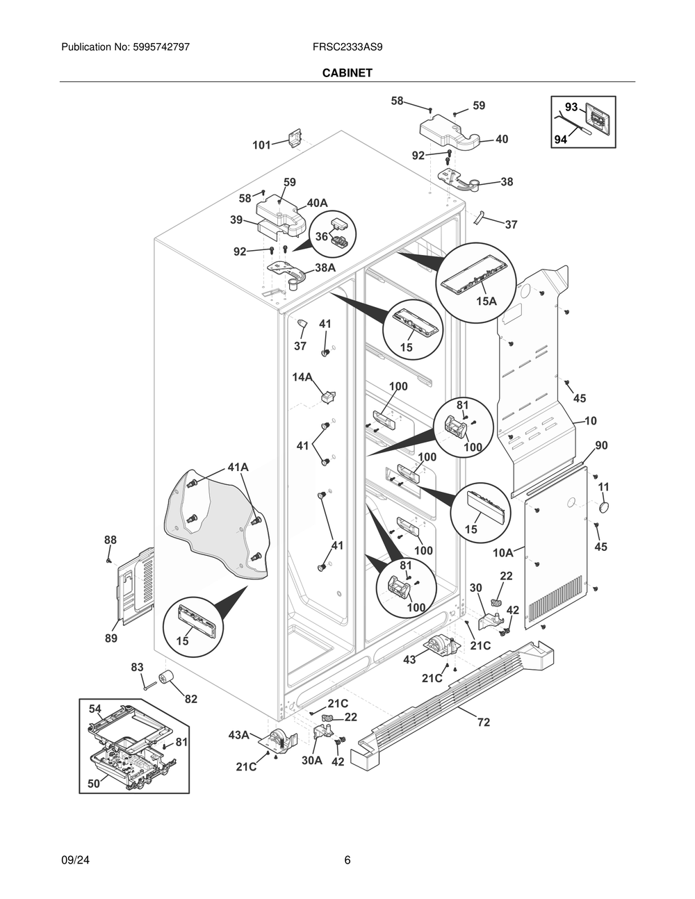 Cabinet Diagram and Parts List for FRSC2333AS9  Frigidaire Refrigerator