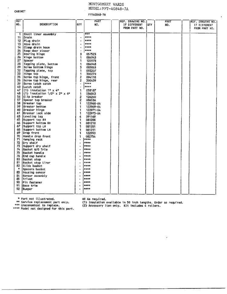 Cabinet Page 2 Diagram and Parts List for 40848-7A  Frigidaire Freezer