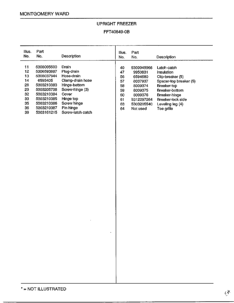 Upright Freezer Page 4 Diagram and Parts List for 40849B  Frigidaire Freezer