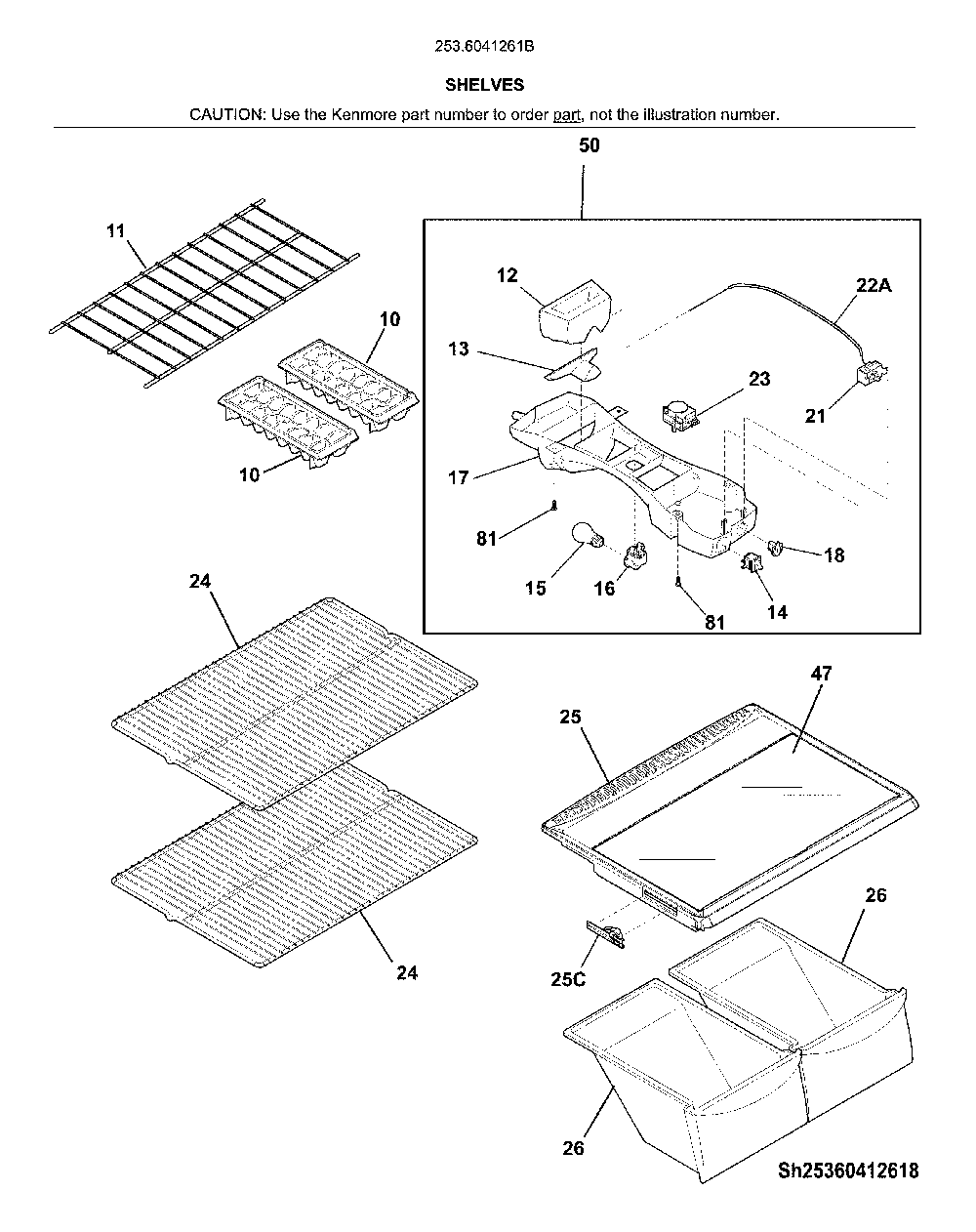 Shelves Diagram and Parts List for 2536041261B  Kenmore Refrigerator