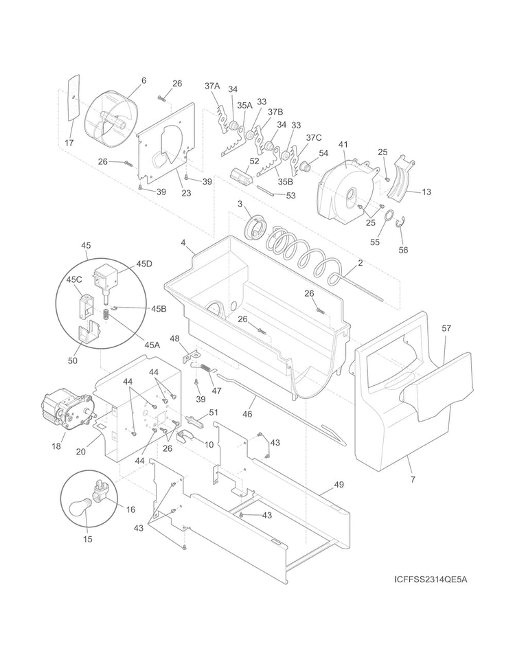 Ice Container Diagram and Parts List for FFSS2314QE8A  Frigidaire Refrigerator