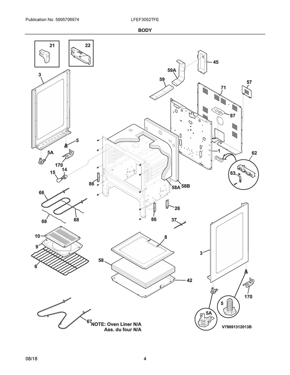 Body Diagram and Parts List for LFEF3052TFE  Frigidaire Range