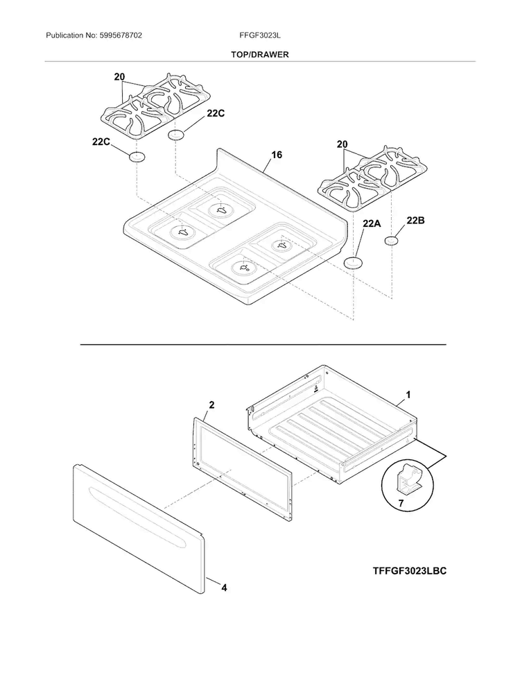 Top/drawer Diagram and Parts List for FFGF3023LBG  Frigidaire Range