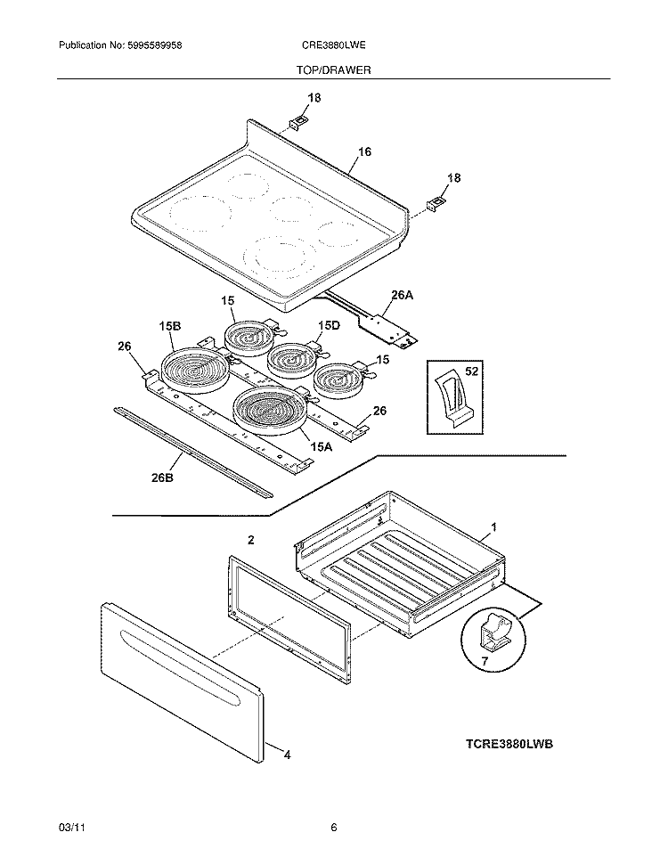 TOP/DRAWER Diagram and Parts List for CRE3880LWE  Crosley Range