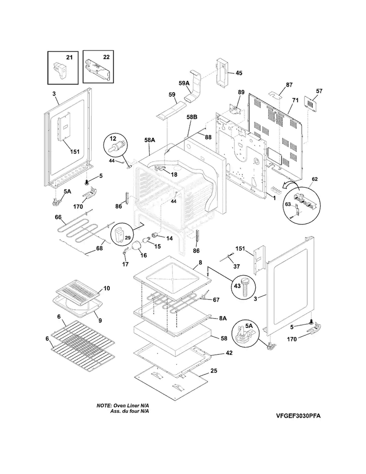 Body Diagram and Parts List for FGEF3030PFB  Frigidaire Range