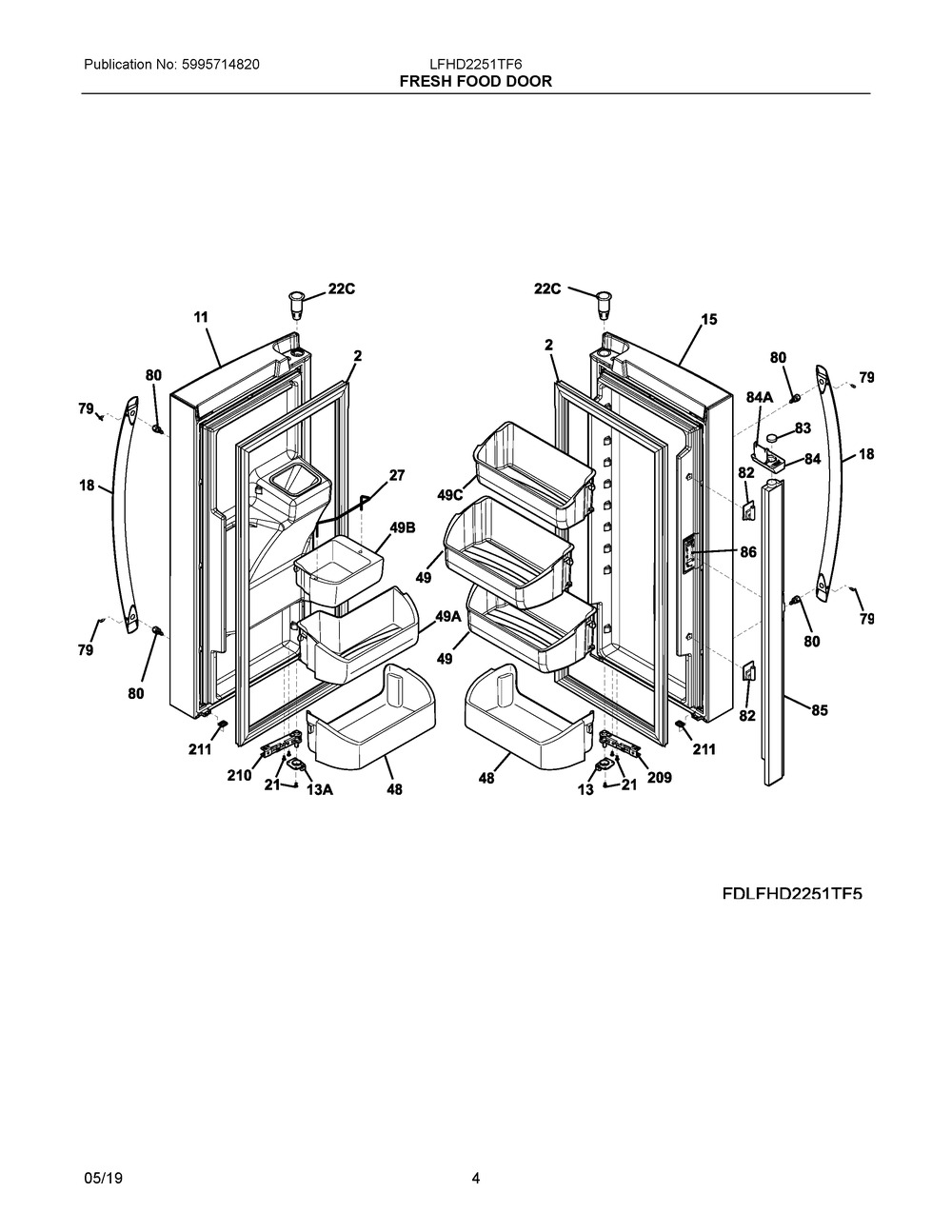 Fresh Food Door Diagram and Parts List for LFHD2251TF6  Frigidaire Refrigerator