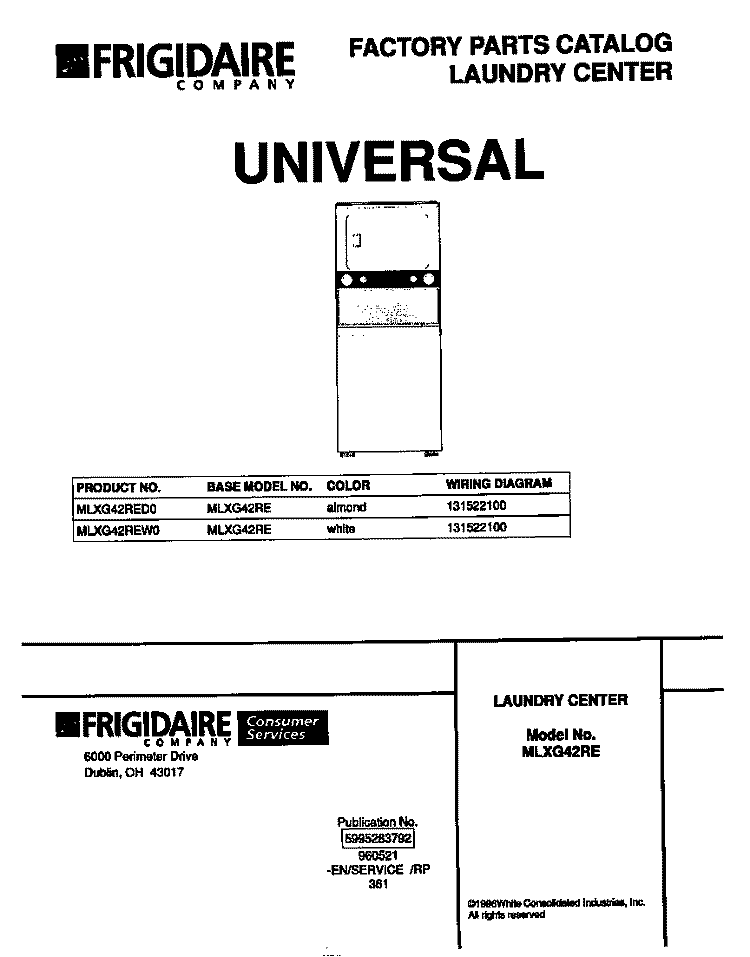 COVER Diagram and Parts List for MLXG42REW0  Frigidaire Washer Dryer Combo