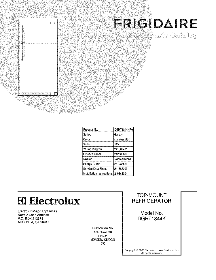 COVER Diagram and Parts List for DGHT1844KR0  Frigidaire Refrigerator