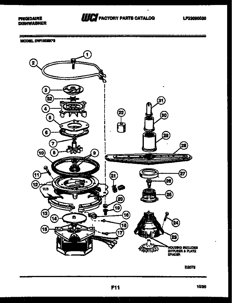 MOTOR PUMP PARTS Diagram and Parts List for DW1805KA3  Frigidaire Dishwasher