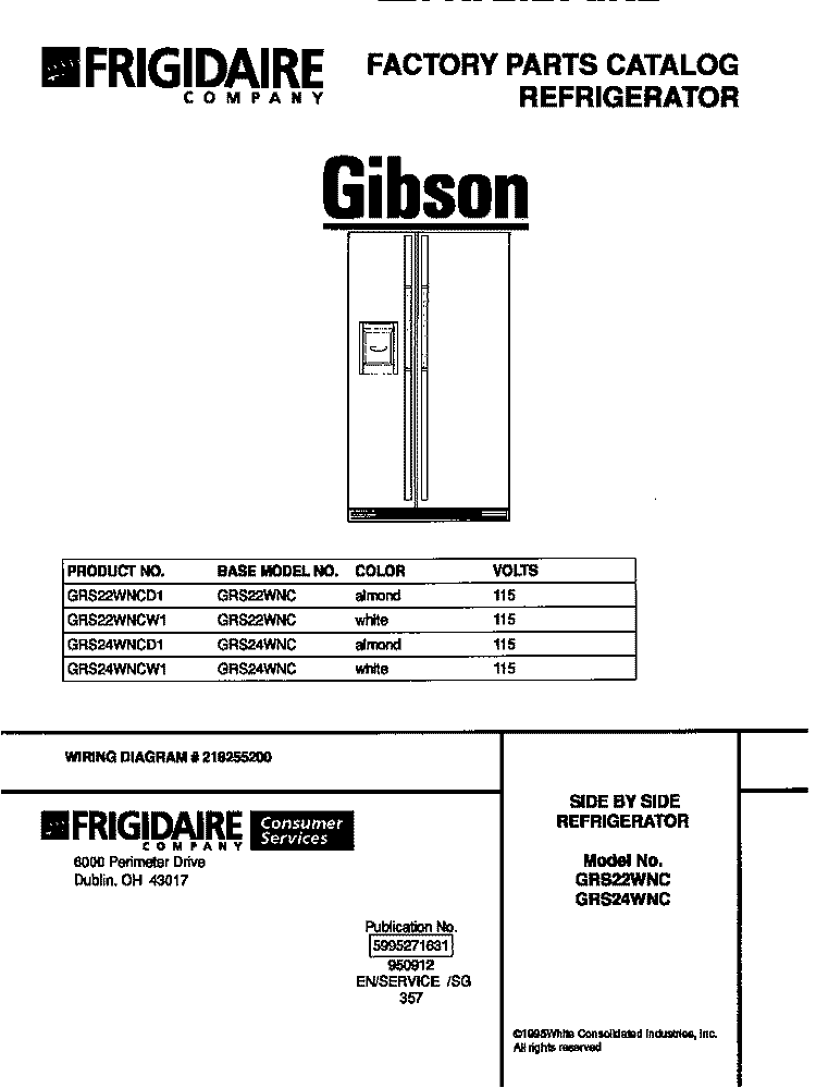 COVER Diagram and Parts List for GRS22WNCD1  Gibson Refrigerator