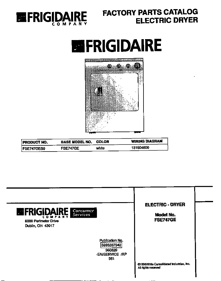 COVER Diagram and Parts List for FSE747GES0  Frigidaire Dryer