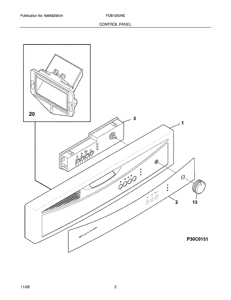 CONTROL PANEL Diagram and Parts List for FDB1050REC5  Frigidaire Dishwasher
