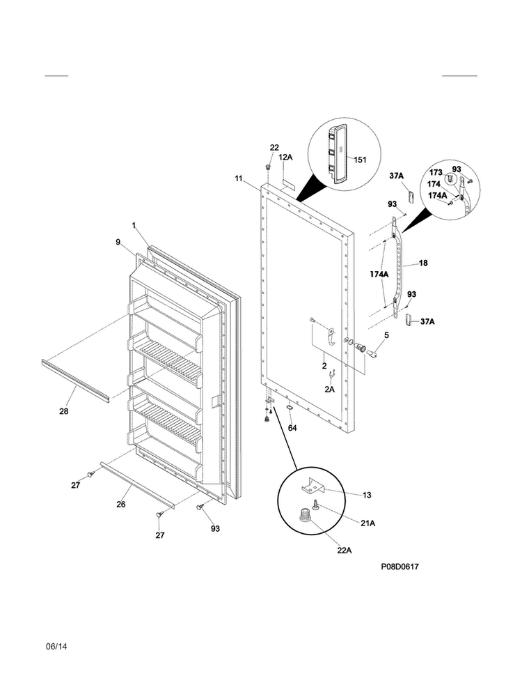 Door Diagram and Parts List for 253280528014  Kenmore Freezer
