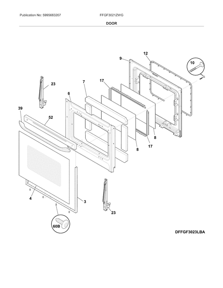 Door Diagram and Parts List for FFGF3021ZWG  Frigidaire Range