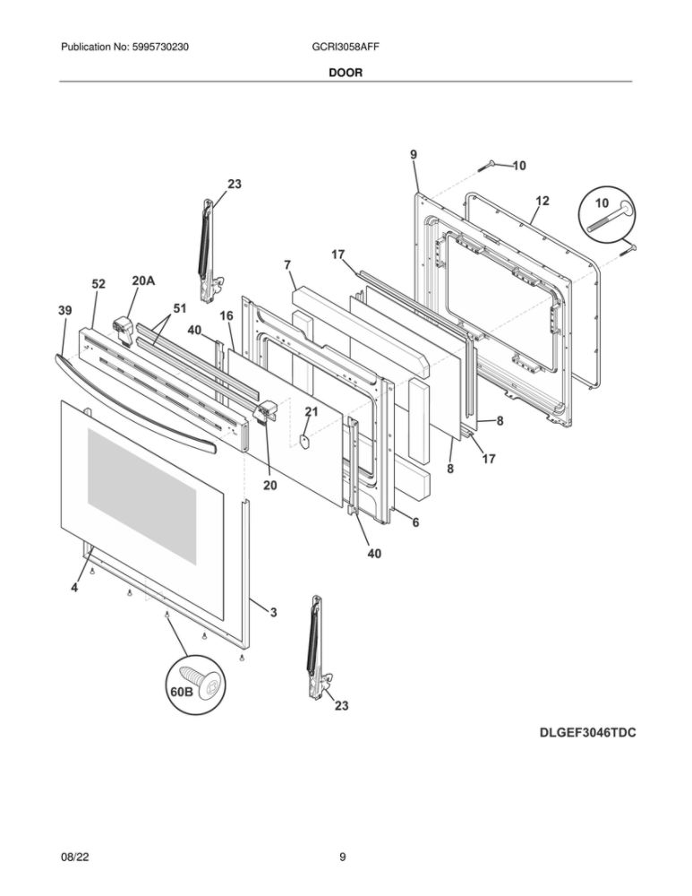 Door Diagram and Parts List for GCRI3058AFF  Frigidaire Range