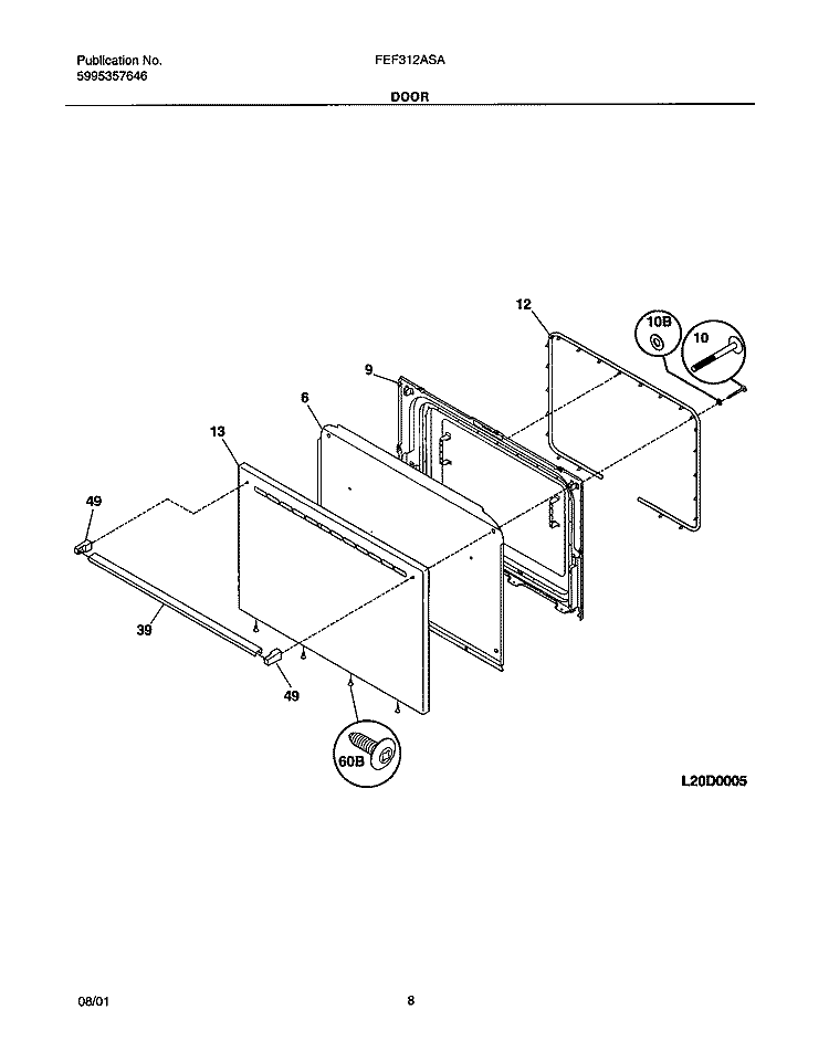 DOOR Diagram and Parts List for FEF312ASA  Frigidaire Range