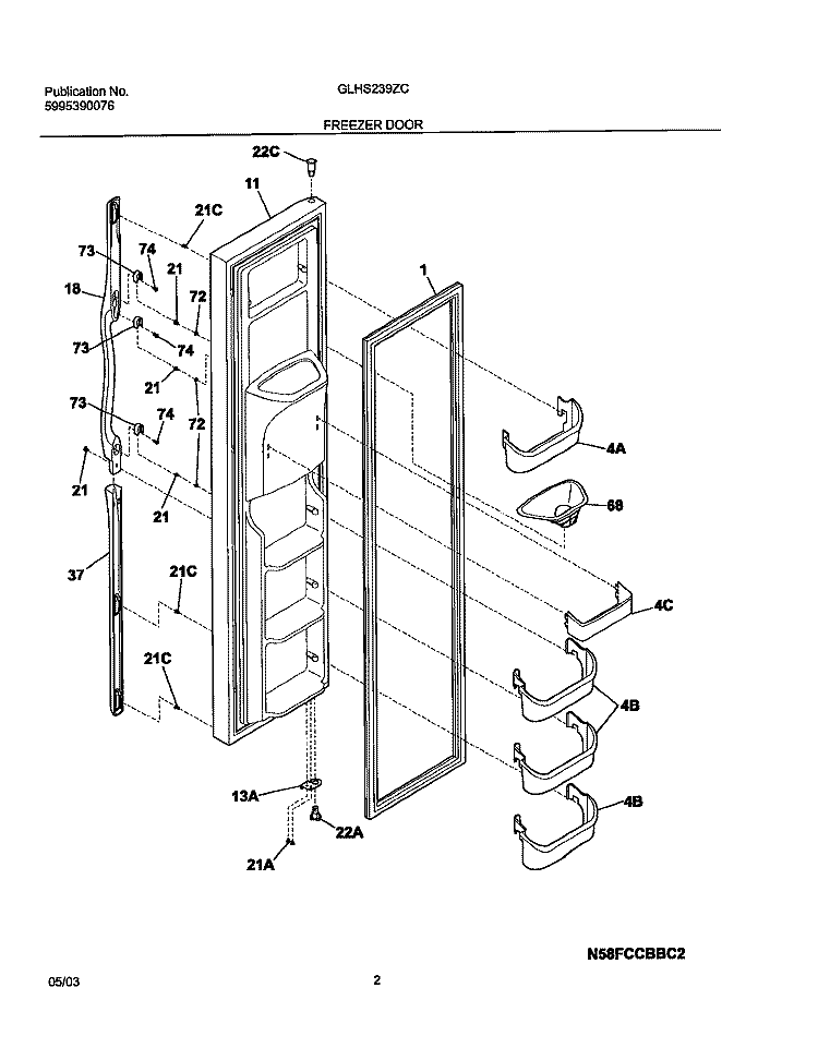 FREEZER DOOR Diagram and Parts List for GLHS239ZCW0  Frigidaire Refrigerator