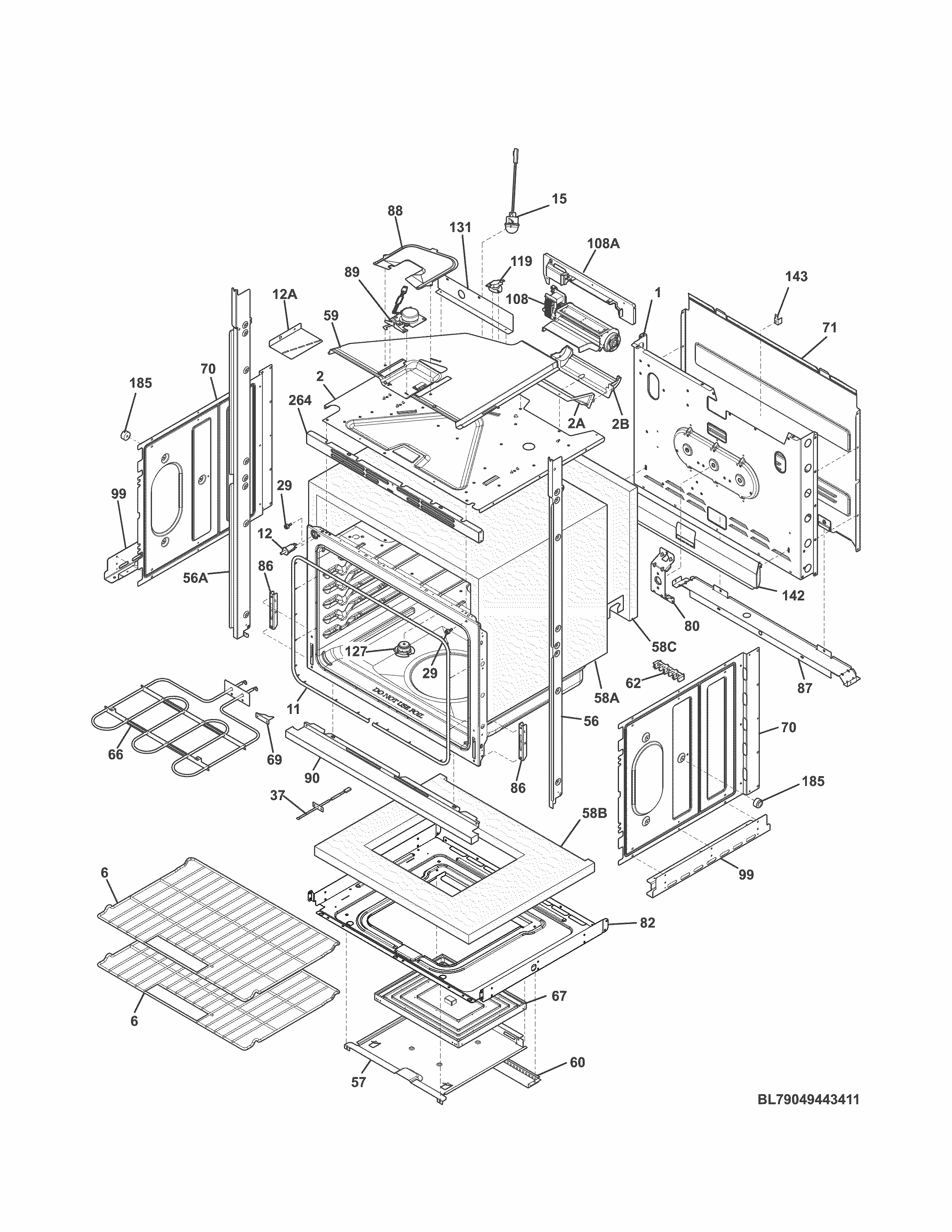 Lower Oven Diagram and Parts List for 79049442411  Kenmore Wall Oven