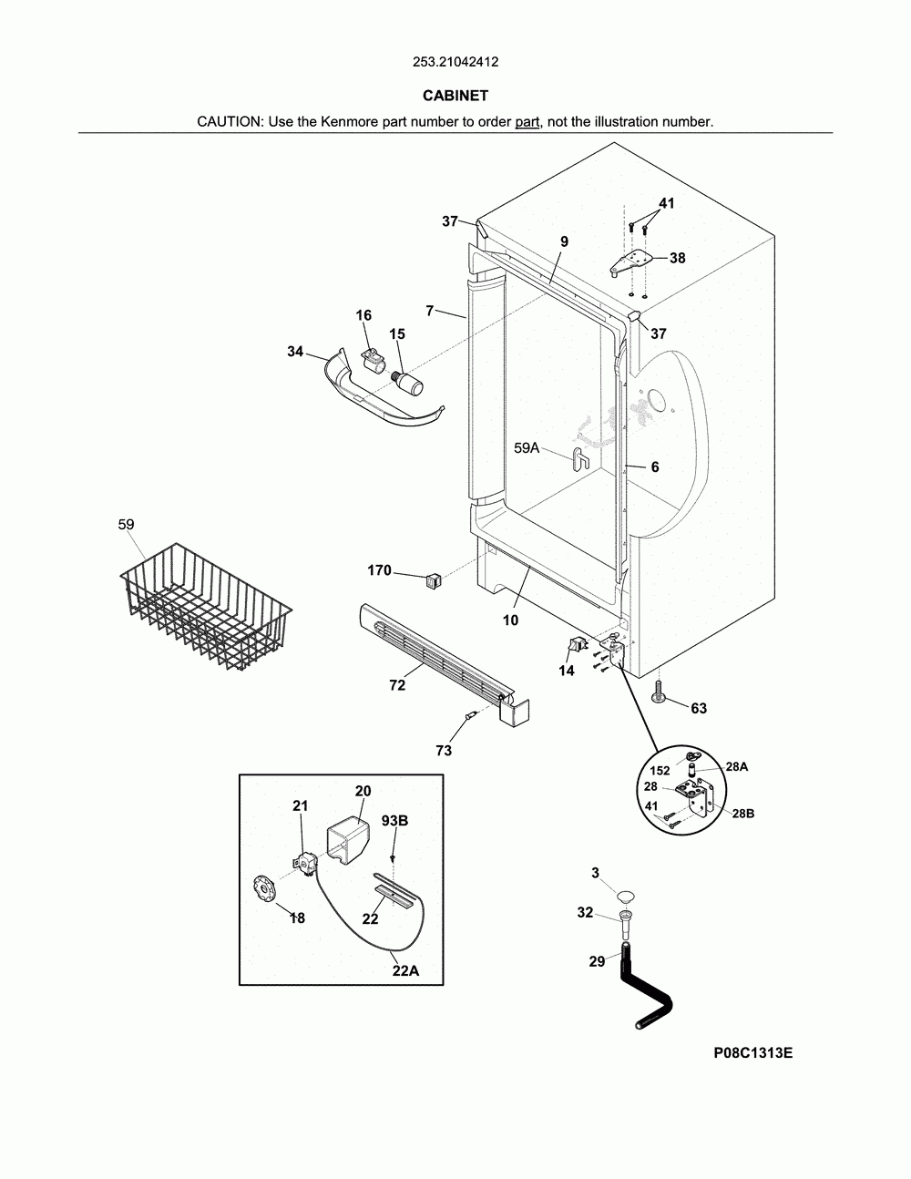 Cabinet Diagram and Parts List for 25321042412  Kenmore Freezer