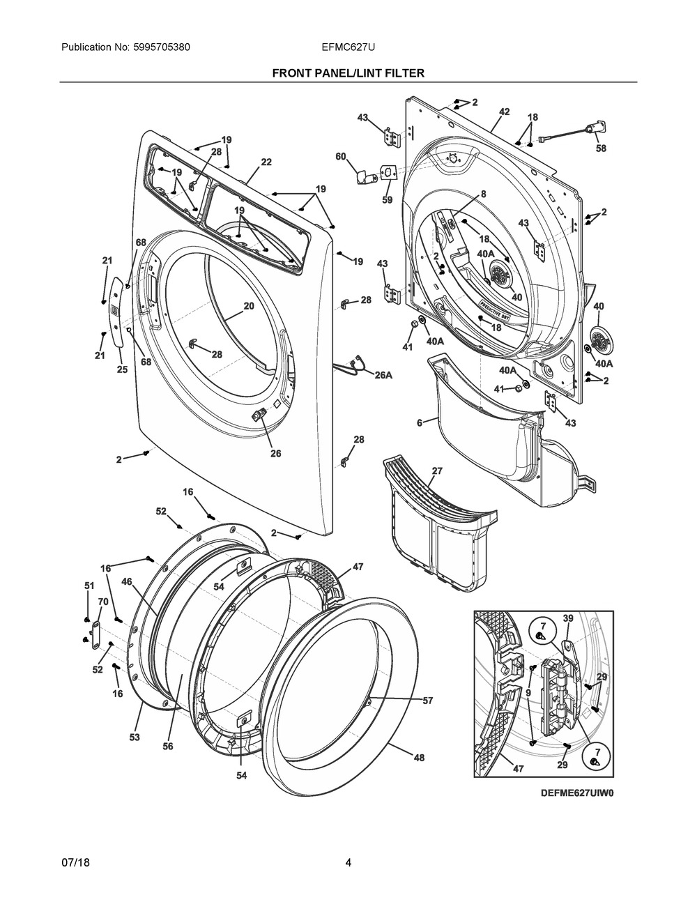 Front Panel/lint Filter Diagram and Parts List for EFMC627UIW0  Frigidaire Dryer