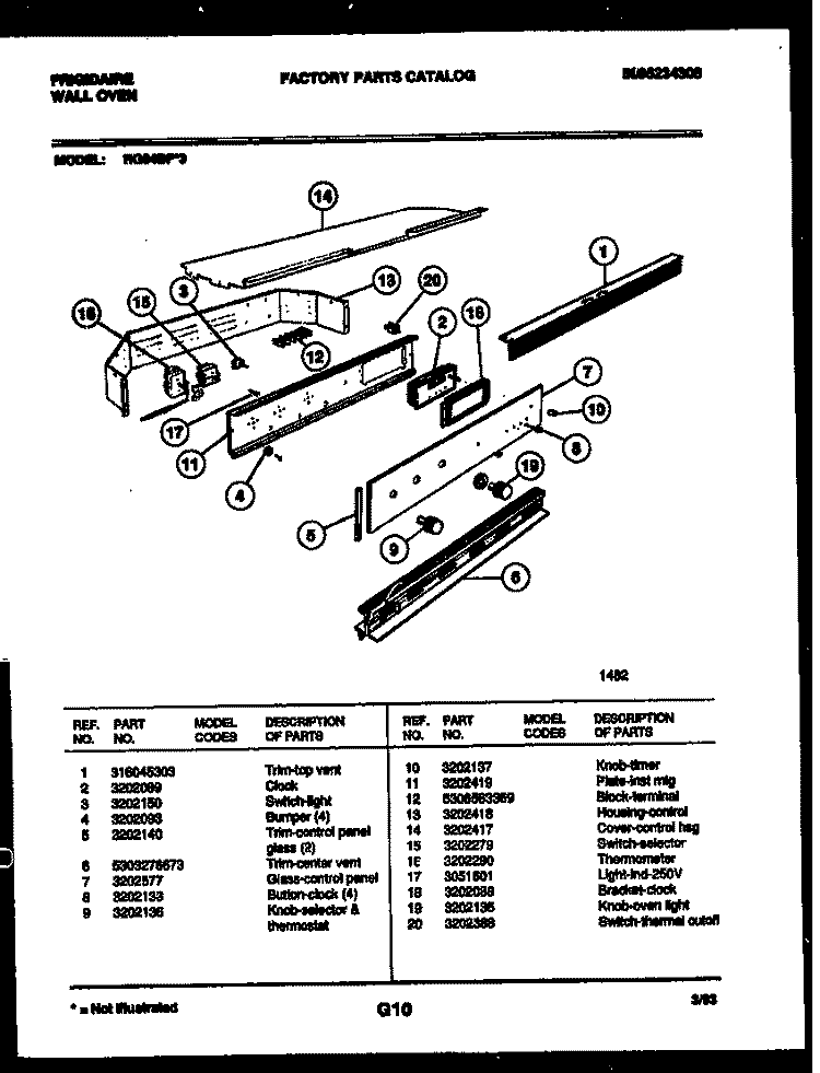 CONTROL PANEL Diagram and Parts List for RG94BF3  Frigidaire Wall Oven