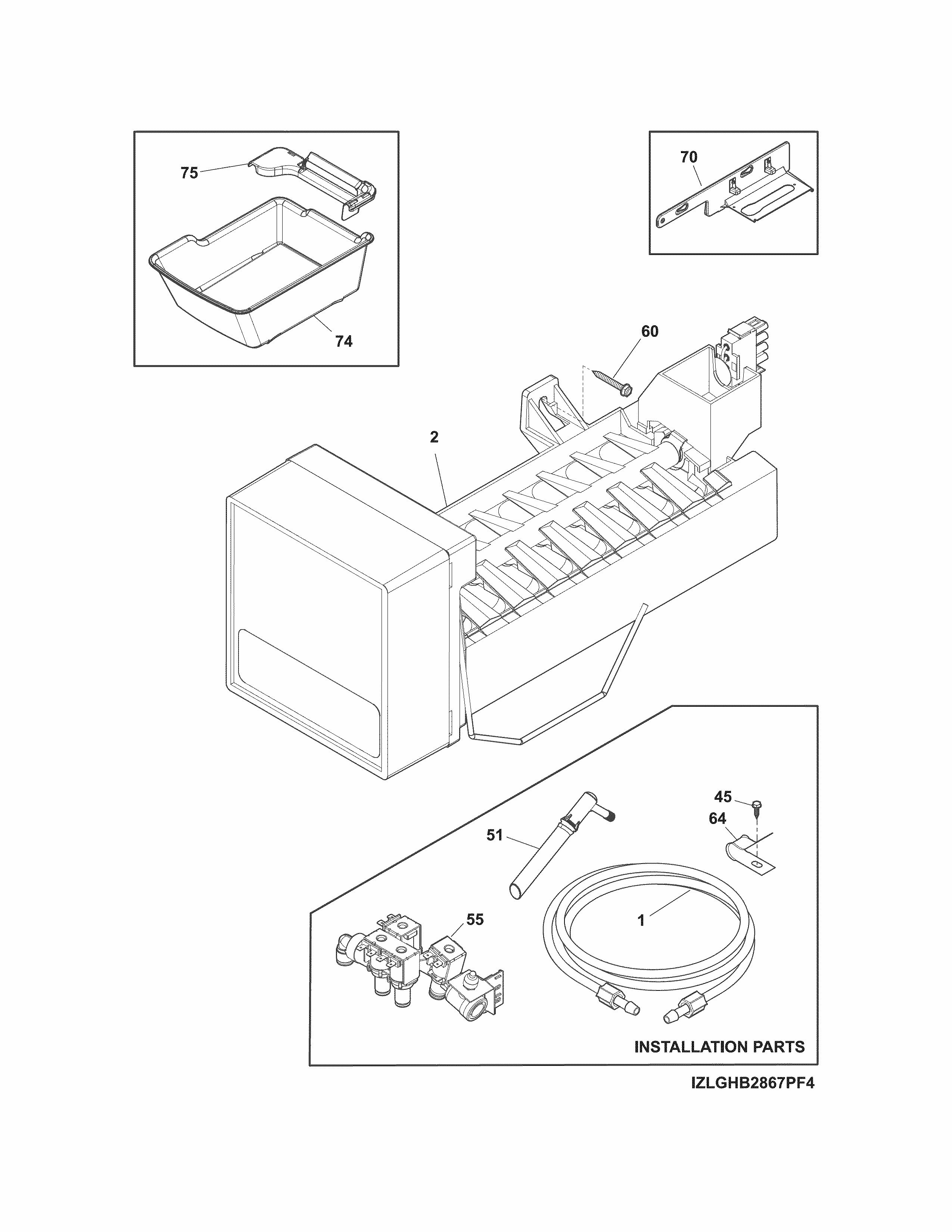 Freezer Ice Maker Diagram and Parts List for EW23BC85KSCA  Electrolux Refrigerator