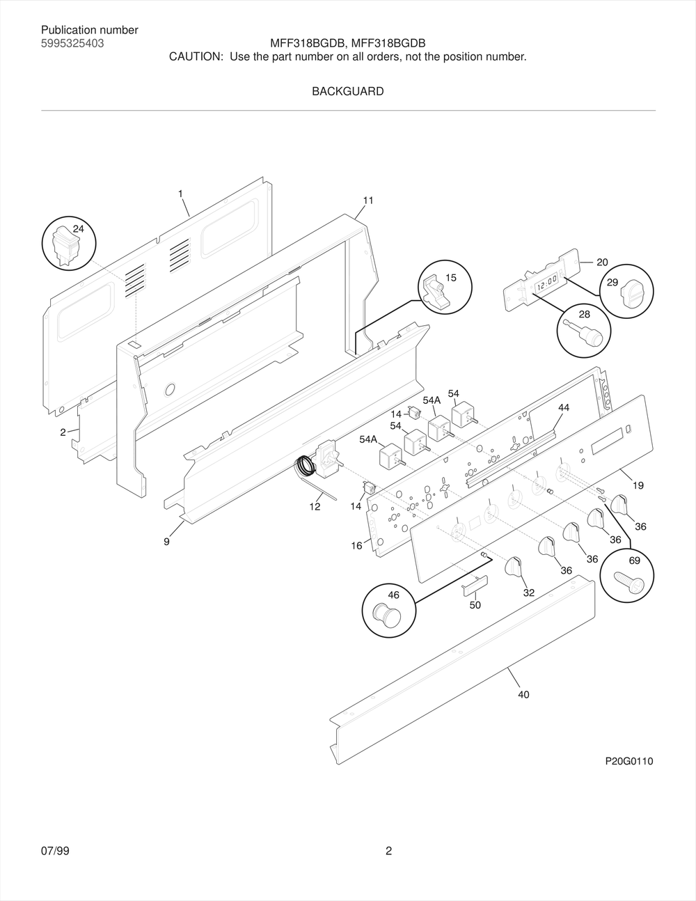 Backguard Diagram and Parts List for MFF318BGWB  Frigidaire Range