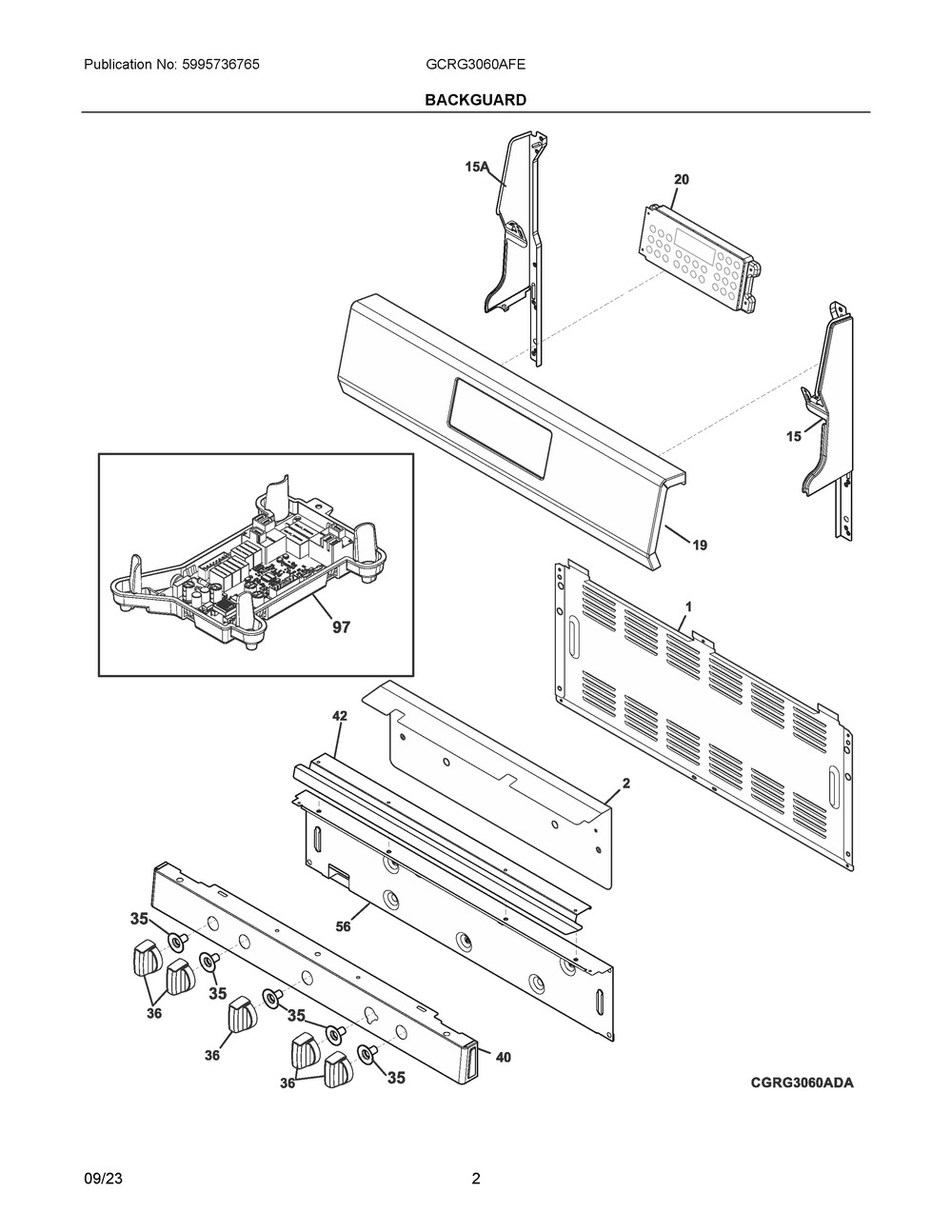 Backguard Diagram and Parts List for GCRG3060AFE  Frigidaire Range