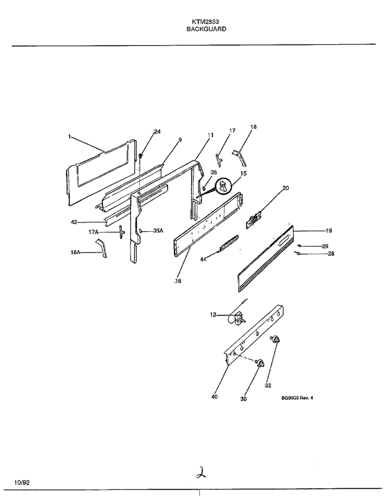 Backguard Diagram and Parts List for 2853  Frigidaire Range