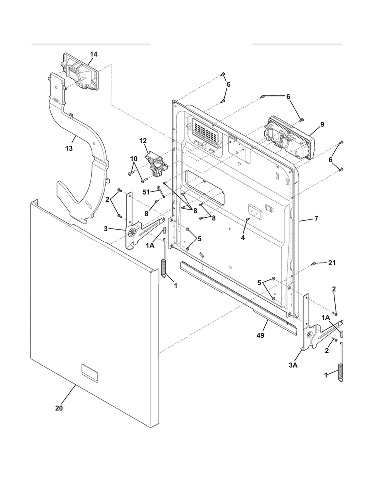 Door Diagram and Parts List for DGBD2432KB1A  Frigidaire Dishwasher