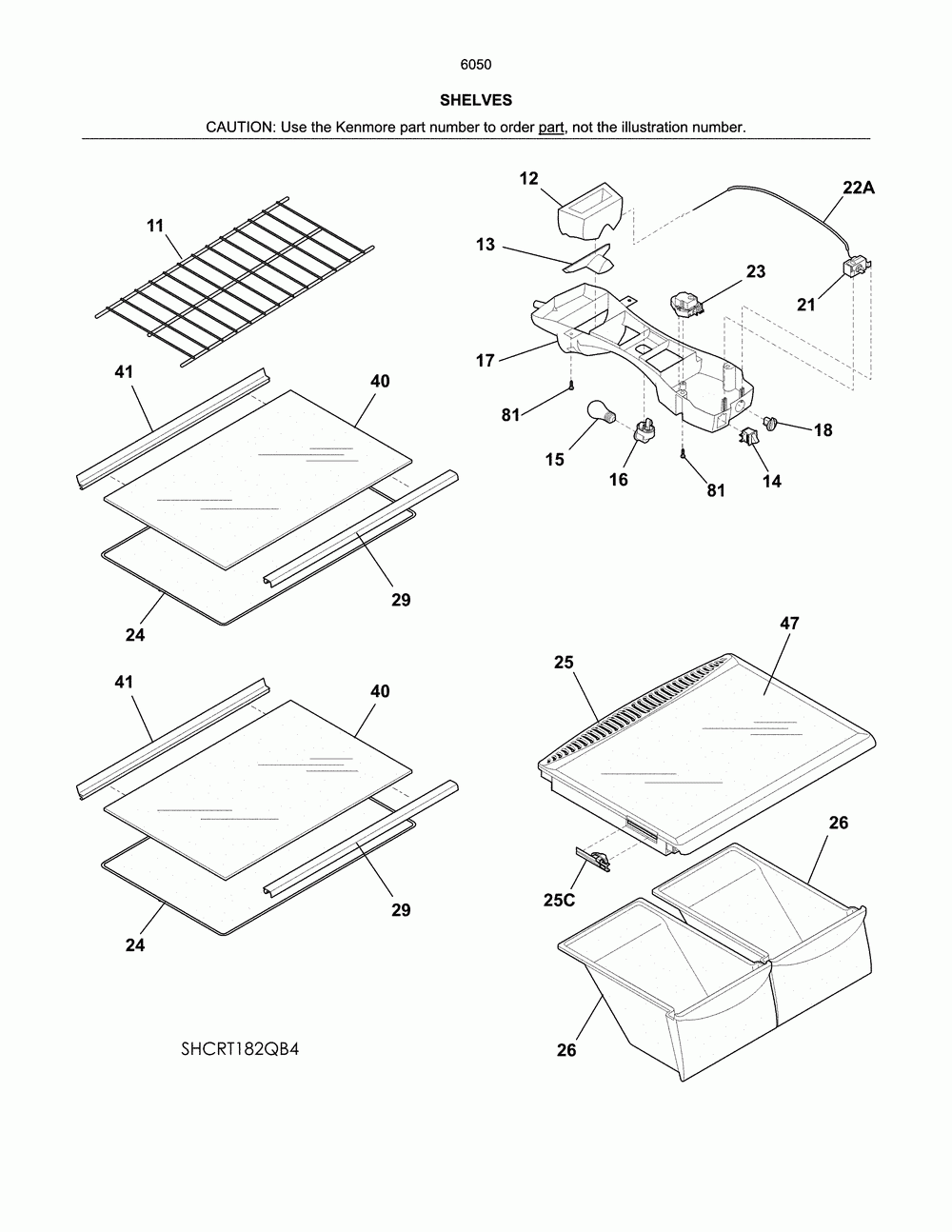Shelves Diagram and Parts List for 25360504614  Kenmore Refrigerator