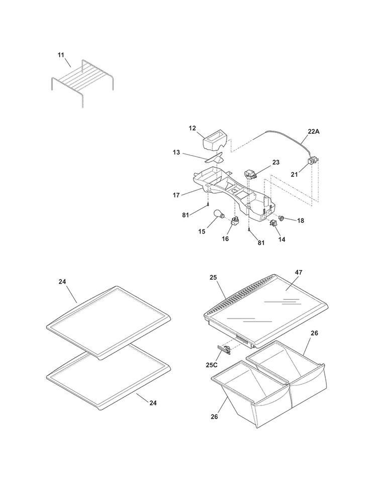Shelves Diagram and Parts List for NFTR18X4LBB  Frigidaire Refrigerator