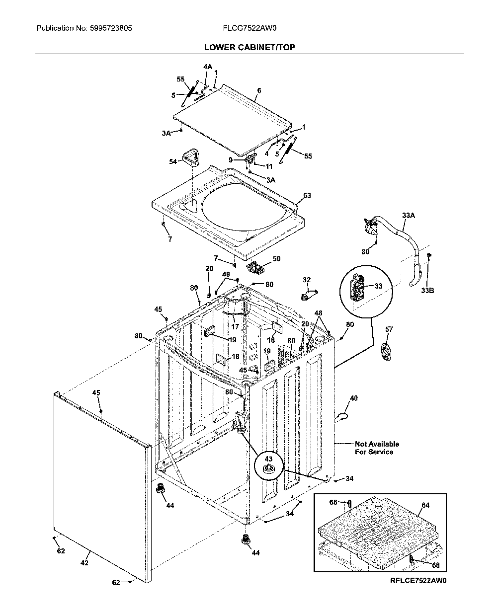 Lower cabinet/top Diagram and Parts List for FLCG7522AW0  Frigidaire Washer Dryer Combo