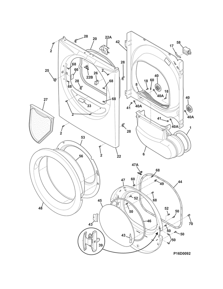 Front Panel/lint Filter Diagram and Parts List for CFQE5000QW1  Frigidaire Dryer