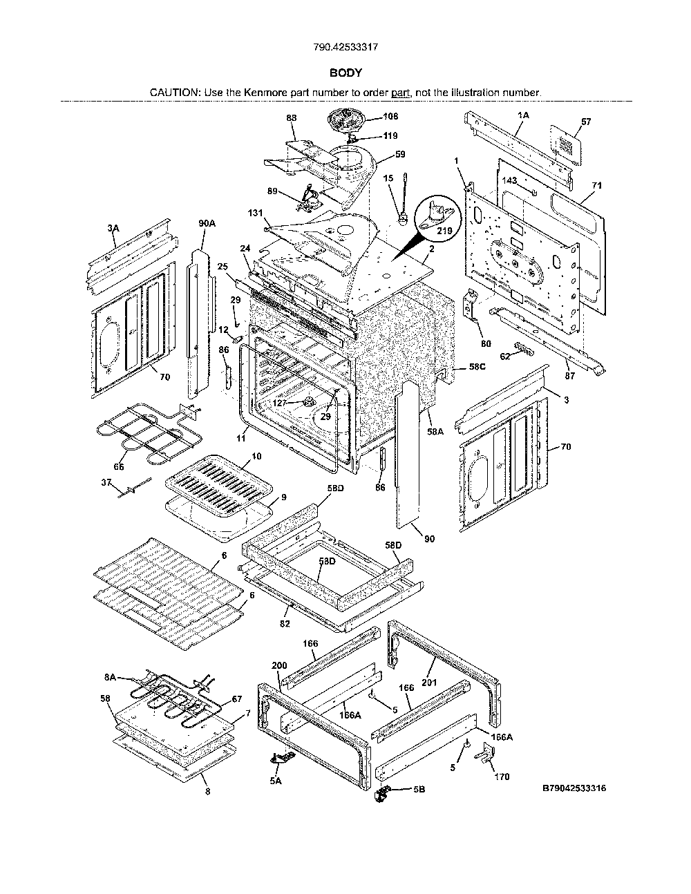 Body Diagram and Parts List for 79042533317  Kenmore Range