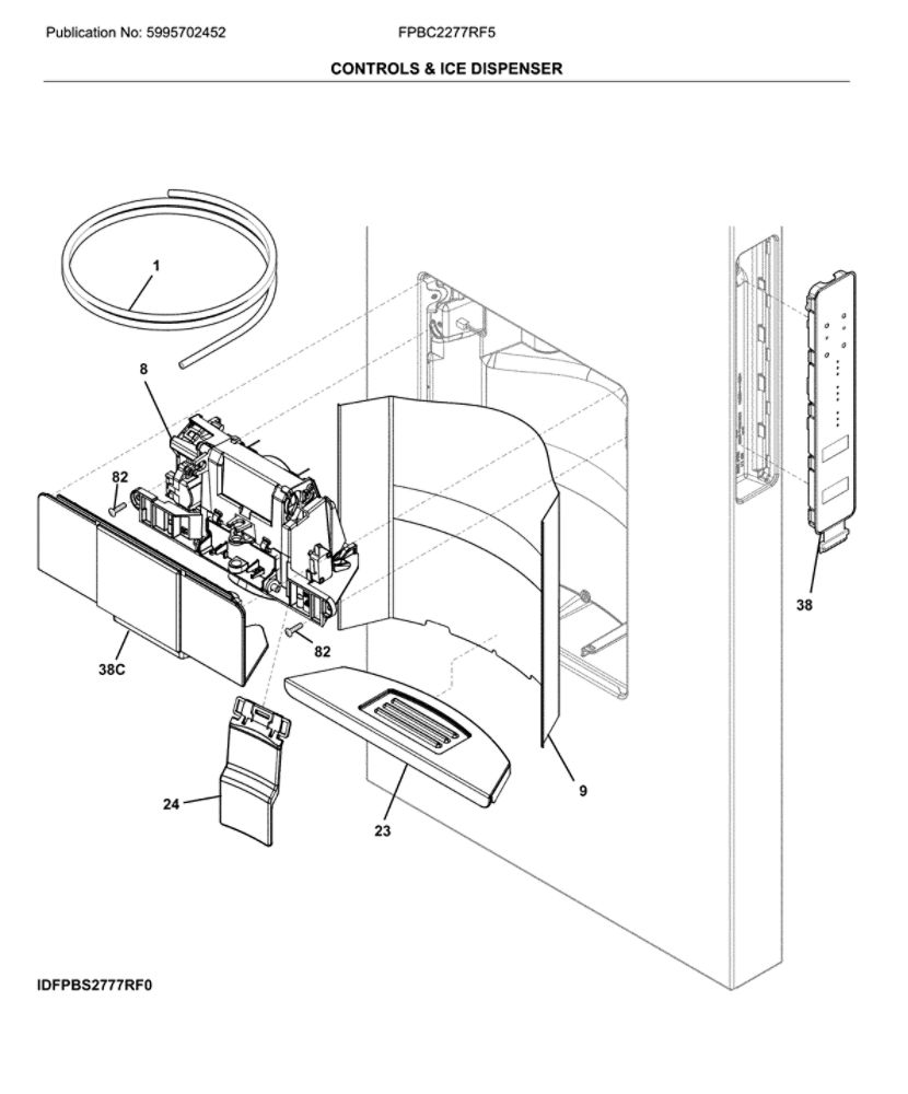 Controls And Ice Dispenser Diagram and Parts List for FPBC2277RF5  Frigidaire Refrigerator
