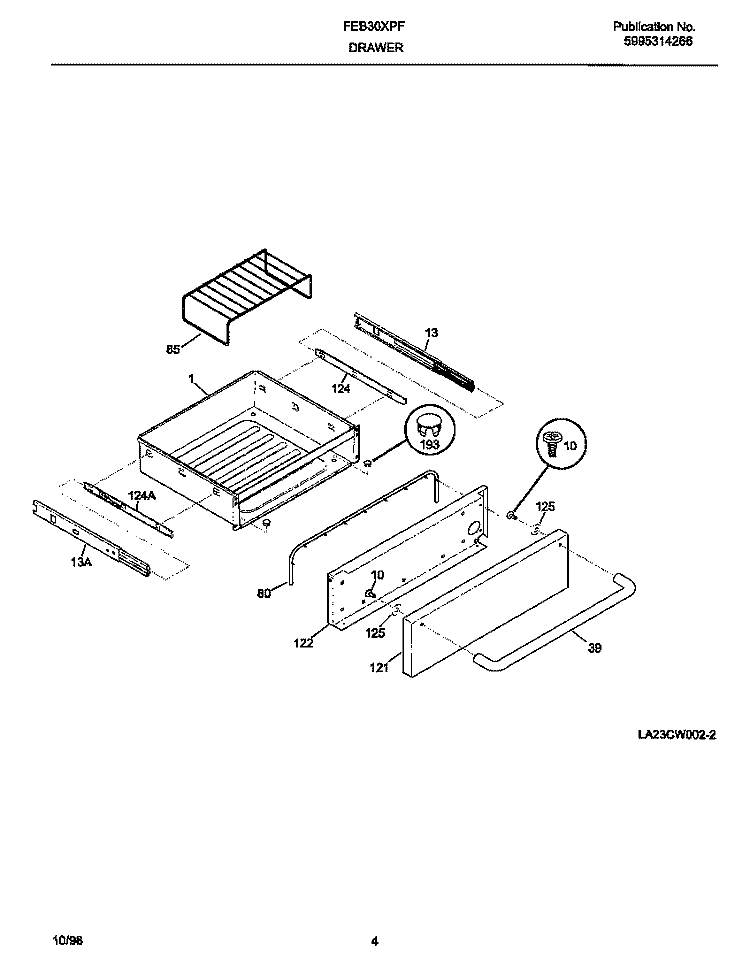 DRAWER Diagram and Parts List for FEB30XPFCA  Frigidaire Warming Drawer