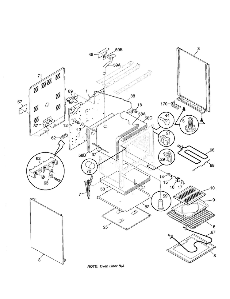 Body Diagram and Parts List for FEF365CGSD  Frigidaire Range