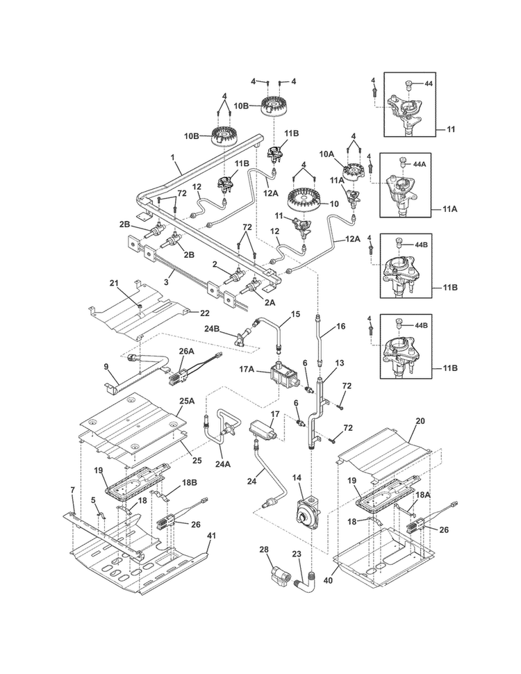 Burner Diagram and Parts List for FGGF301DNWB  Frigidaire Range