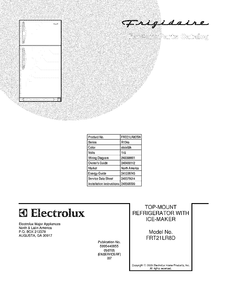 COVER Diagram and Parts List for FRT21LR8DSN  Frigidaire Refrigerator