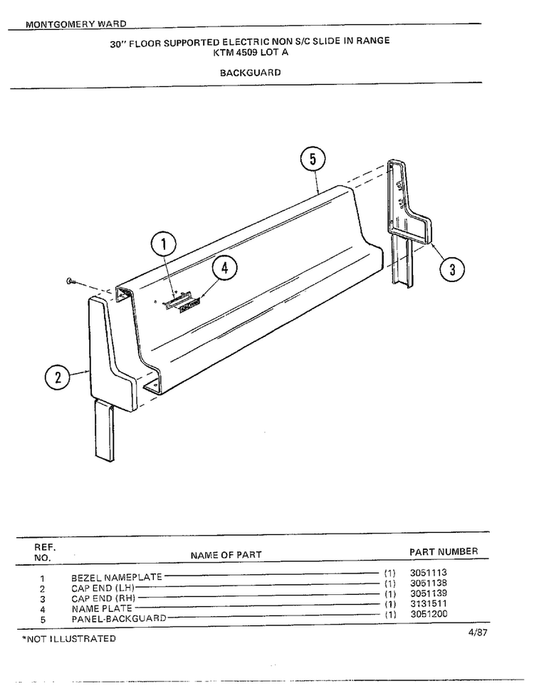 30" Floor/backguard Diagram and Parts List for 4509A  Frigidaire Range