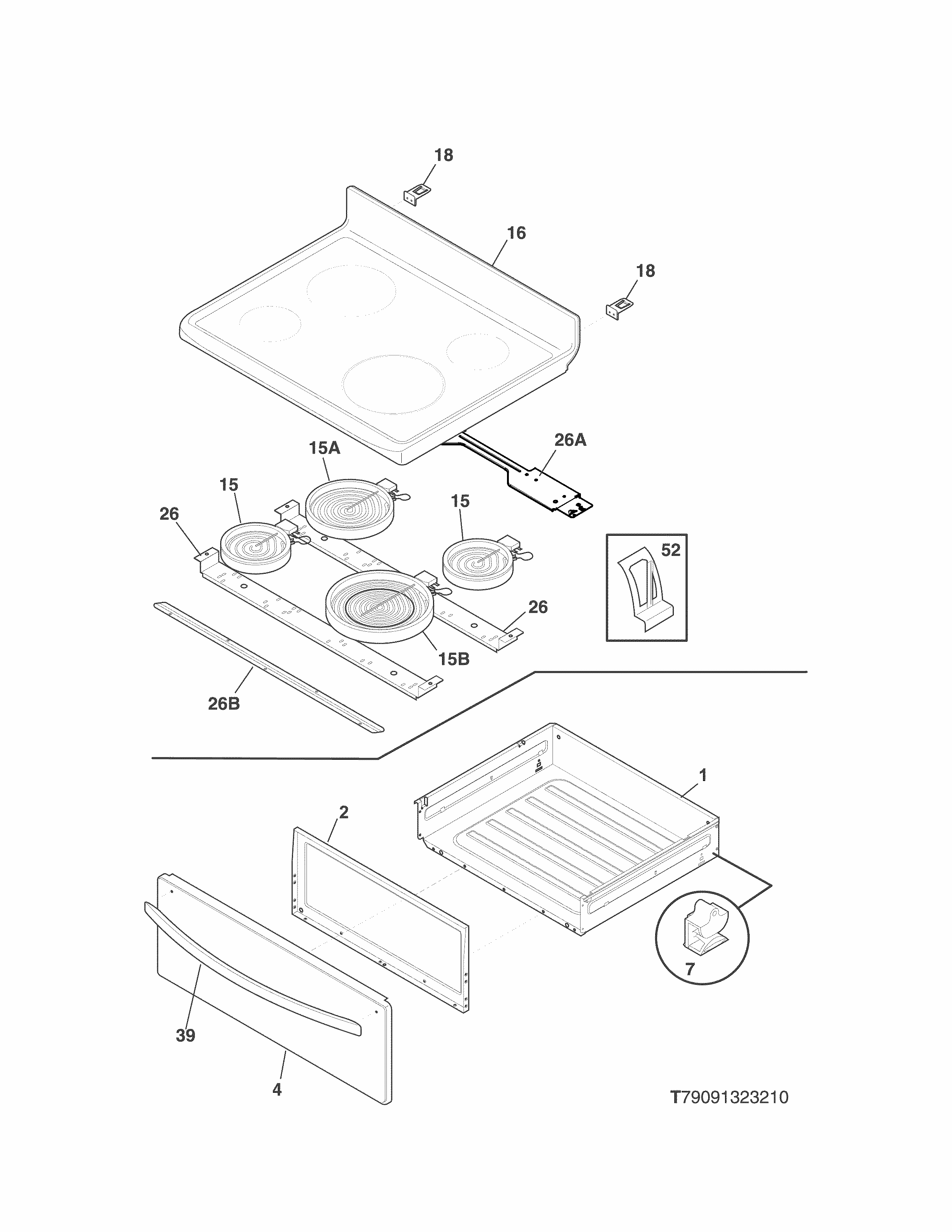 Top/drawer Diagram and Parts List for 79093013312  Kenmore Range